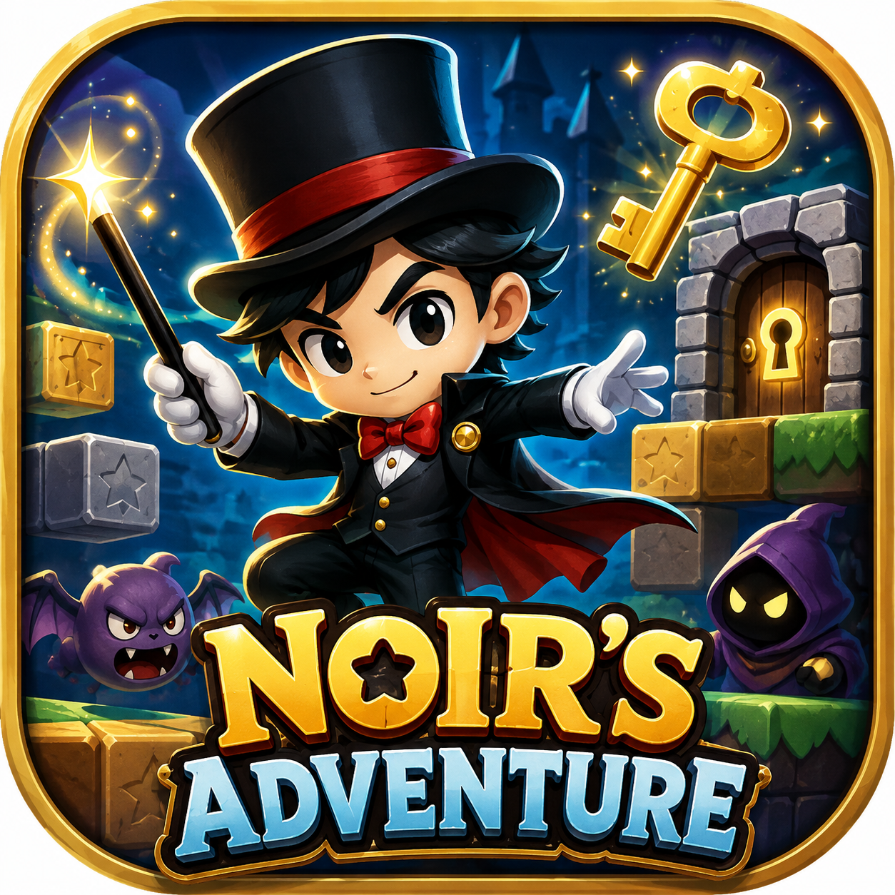 Noir's Adventure – retro platformer: magician rescues princess, magic wand spawn blocks & fireballs, collect key & 10 coins to fight every 10-level Boss